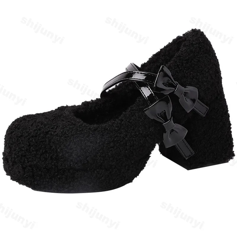 Soufree  -  Platform Lambs Wool Mary Jane Shoes for Woman Fashion Bowknot Fur Thick Sole Pumps Ladies Winter Warm Plush Dress High Heels