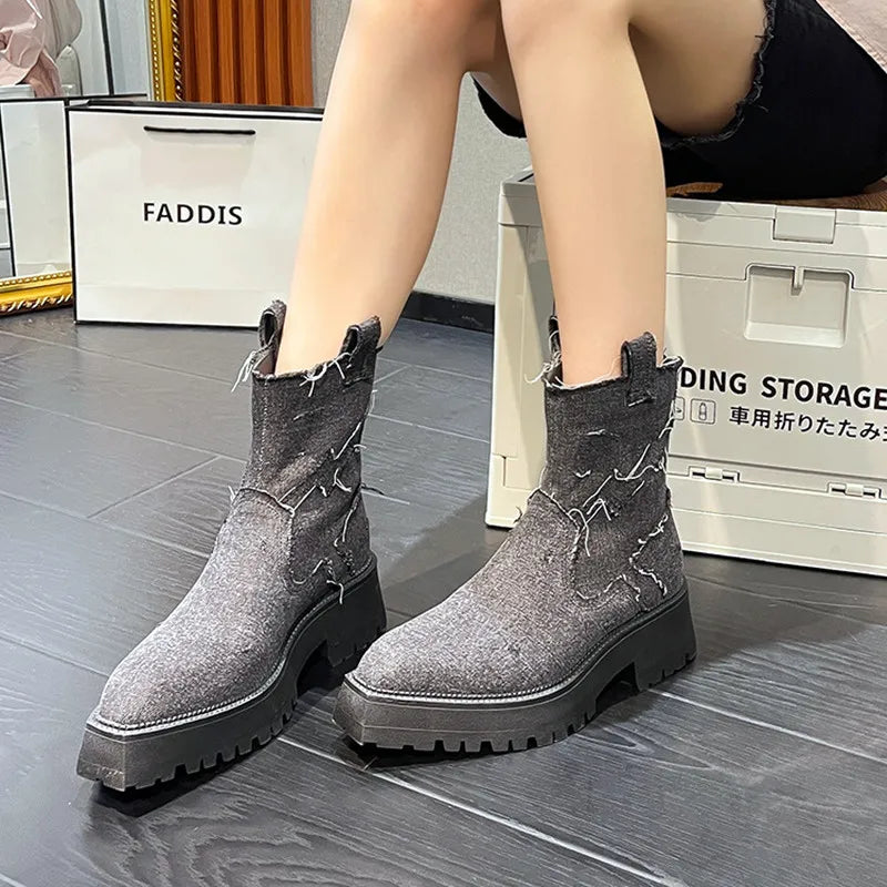 Soufree  -  Cowboy Fabric Ankle Boots Women Retro Thick Heel Platform Boots for Women Original Design Pointed To Chelsea Bota Feminina