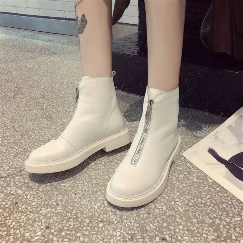 Soufree  -  Genuine Leather Women Boots Winter Plus Velvet Woman Shoe Fashion Female Breathable Cowhide Bootie Front Zipper Light White Boot