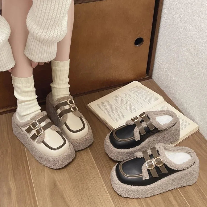 Soufree  -  Cotton Slippers Women Autumn Winter Shoes Platform Wedges Retro Half Mules Slipper Belt Buckle Casual High Heels Slides