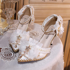 Soufree  -  Original One Night Story Lolita Shoes Tea Party Bridal Wedding Shoes White Pointed Flower Wedding Shoes High Heels Lo Shoes