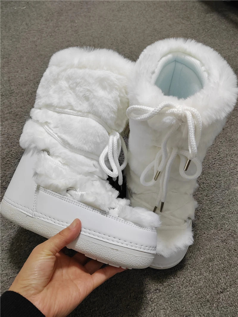 Soufree  -  Winter Snow Boots Women White Fur Boots Woman Luxury Thick Fluffy Furry Faux Rabbit Fur Lace-up Waterproof Warm Ski Boots