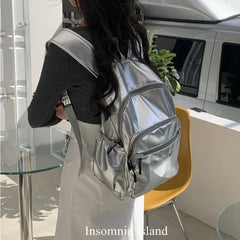 Soufree  -  Silver Nylon Large Capacity Commuting Shoulder Backpack Women College Students Travel Schoolbag Waterproof Lightweight Backpacks