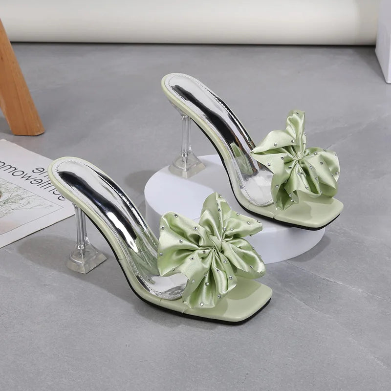 Soufree  -  Fashion Crystal Bow High Heels Slippers Shoes for Woman Sexy PVC Transparent Sandals Women Slides Open Toe Pumps Blue Black