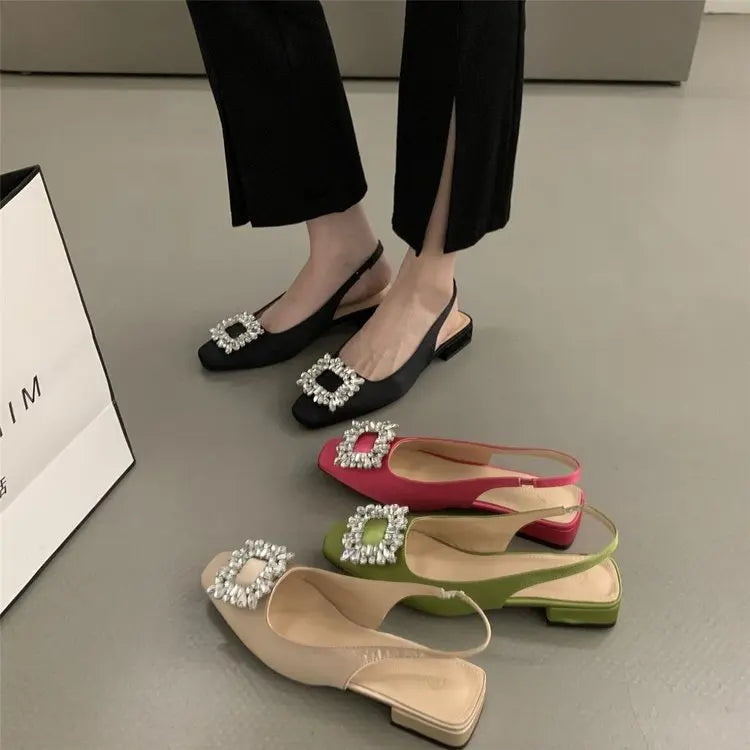 Soufree  -  Block Heels Rhinestone Sandals  Summer Clear Shoes Suit Female Beige Square Toe Buckle Chunky Black Closed New Retro Open Co