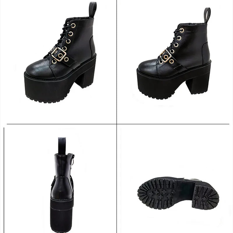 Soufree  -  Chunky Heel High Heel Waterproof Platform Boots Women  Winter Ankle Boots Leather PU Side Zip Belt Buckle Design Boots for Women