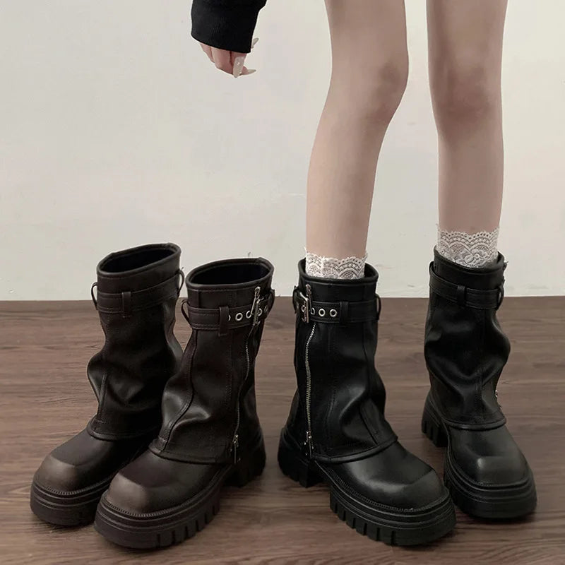 Soufree -  Winter Women Biker Boots Fashion Belt Buckle Ladies Elegant Platform Flats Short Booties Casual Women's Knight Booties