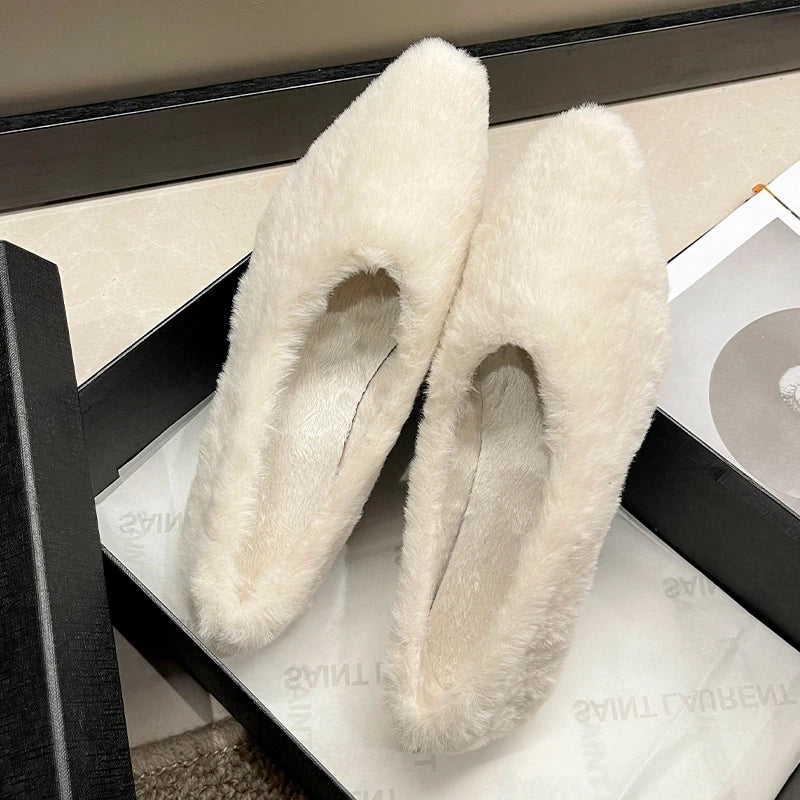 Soufree  -  trending shoes Women Fur Slippers Warm Mules Shoes Casual Mid Heels Boots New Pointed Toe Plush Slingback Flip Flops Cotton Boots