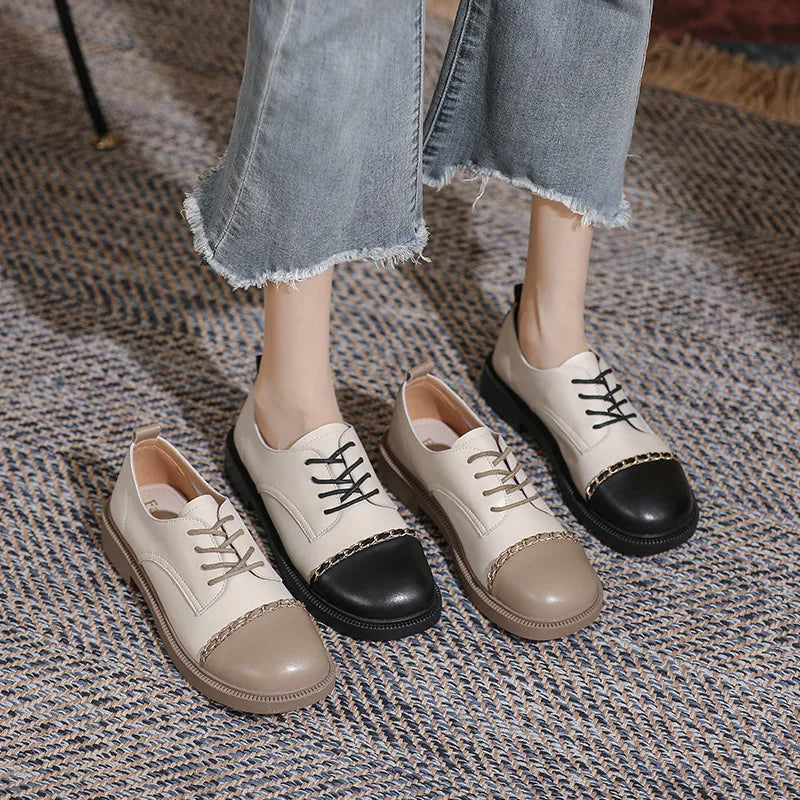 Soufree  -  Luxury Brand Women's Loafers British Style Retro Metal Chain Design Thick Heel Shoes High Quality PU Leather Soft Sole Shoe