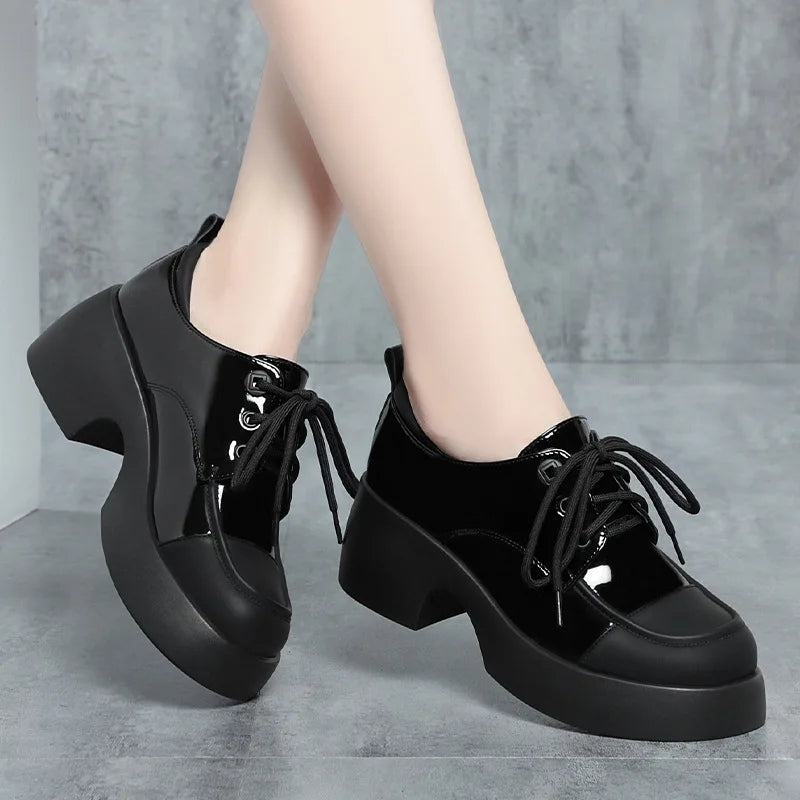 Soufree  -  Round Toe Color Matching Spring Casual Female Single Shoes Platform Oxfords British Style Black Flats All-Match Loafers