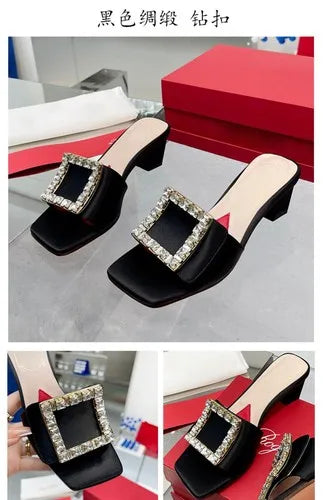 Soufree  -  Square buckle rhinestone fashionable women's shoes new square toe low thick heel open toe elegant sandals for external wear