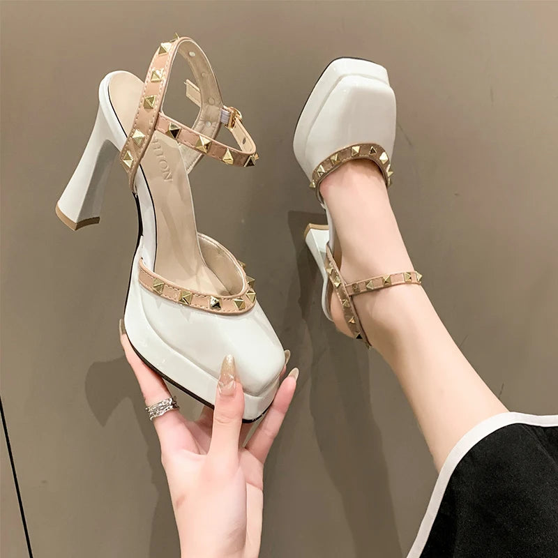 Soufree  -  unique shoes rivet platform heels sandals Mary Jane Shoes Buckle Pumps Women Elegant Shallow Square Toe Footwear Outdoor Lady Shoes white