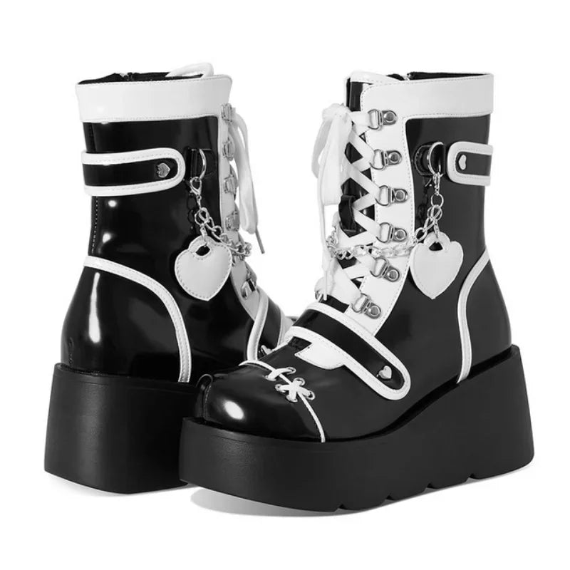 Soufree  -  Metal Style Rock Women's Shoes Autumn New Thick-soled Boots Short Boots Heart-shaped Cross Metal Decoration Punk Style Gothic