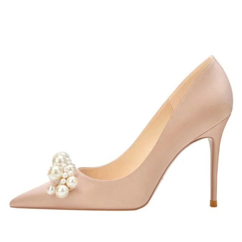 Soufree  - New Satin Wedding Bridesmaid Shoes Champagne High Heels Pearl French Girl Dress Pumps