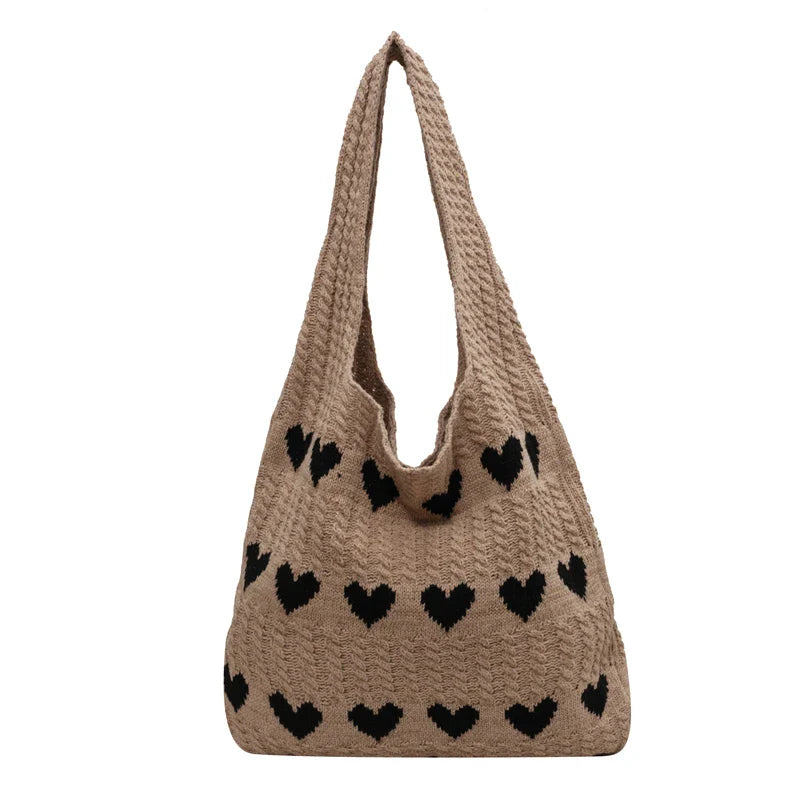 Soufree  -  Heart Knitted Women's Bag Knit Eco Bag Korean Foldable Shopper Y2K Crochet Rope Shoulder Bag Sweet Knitting Handbag Ins Tote Bag