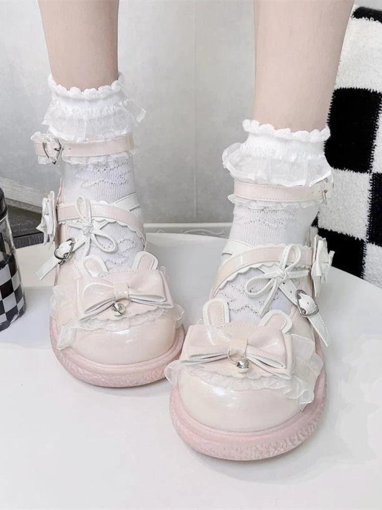 Soufree  -  Pink Bow Sweet Cute Causal Sandals Women Japanese Style Lolita Round Toe Shoes Ladies Ribbon Kawaii Princess Flat Shoes New