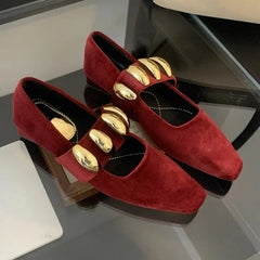 Soufree  -  prom shoes Suede Metal Buckle Square Toe Mary Jane Women Spring Autumn Fashion Flat Loafers Female Casual Comfort Retro Muller Pumps Women