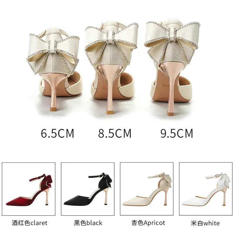 Soufree  - Star style Women Satin Pumps Fashion Rhinestones Stiletto High heels Party Shoes Summer Butterfly-knot Wedding Shoes