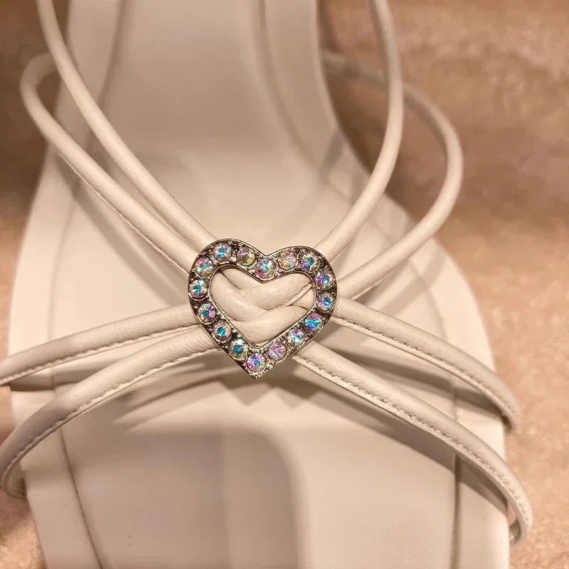 Soufree  -  Heart shaped crystal embellished candy pink sandals French socialite square toe open toe thin heel thin strap high heels