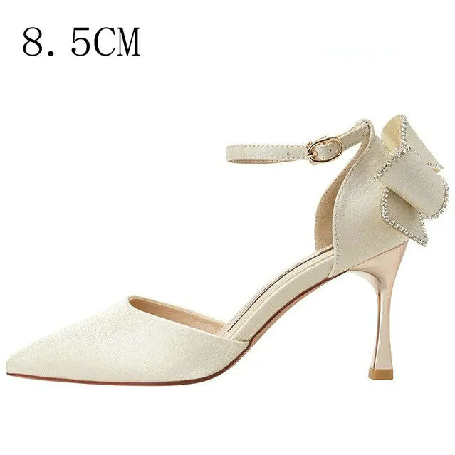 Soufree  - Star style Women Satin Pumps Fashion Rhinestones Stiletto High heels Party Shoes Summer Butterfly-knot Wedding Shoes