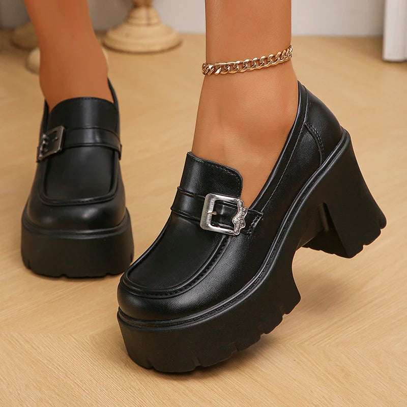 Soufree  -  Chunky High Heels Loafers Women Spring New Platform Pumps Woman Fashion Buckle Thick Bottom Gothic Shoes Female