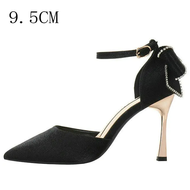 Soufree  - Star style Women Satin Pumps Fashion Rhinestones Stiletto High heels Party Shoes Summer Butterfly-knot Wedding Shoes