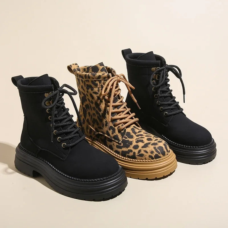 Soufree  -  Vintage Leopard Print Women Motorcycle Boots Fashion Lace Up Square Heel Shoes Laides Concise Short Booties