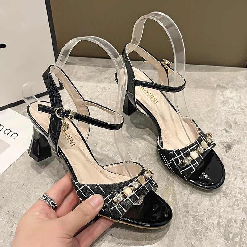 Soufree  -  Classic Fashion Retro Basic Women Sandals Casual Office Career Square High Heels Shoes Woman Plaid Buckle Strap Summer Shoes