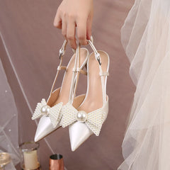 Soufree  - French Wedding Shoes Women New White Bridesmaid Shoes Bow High Heels Elegance Sandals