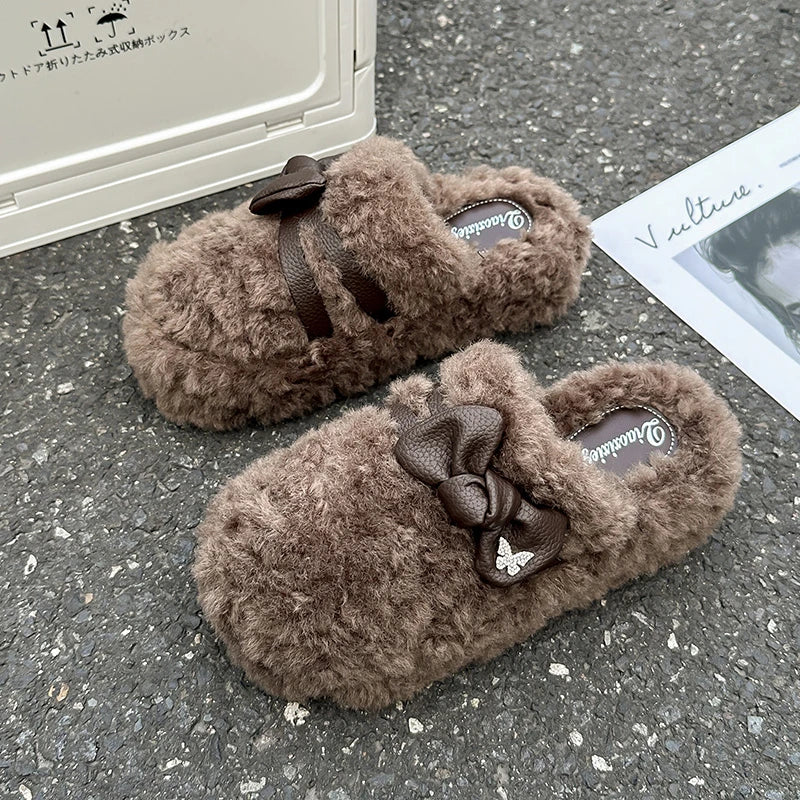 Soufree  -  Shoes Ladies' Slippers Platform Flock Fur Flip Flops Med Cover Toe Massage Flat Plush Rome Slides PU Fabric Rubber House Slipper