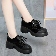 Soufree  -  Round Toe Color Matching Spring Casual Female Single Shoes Platform Oxfords British Style Black Flats All-Match Loafers