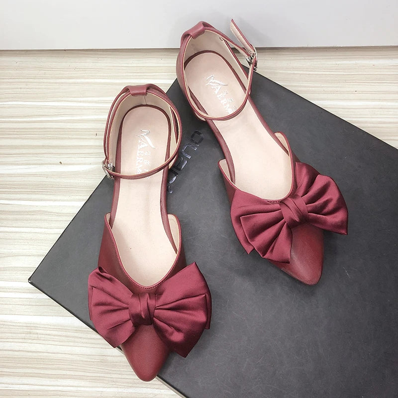 Soufree  -  Women Sandals with Bow Flat Heel Solid Color Side Empty Girl's Shoes Summer Autumn Sweet Back Strap Size 33-44 Pointed Toe