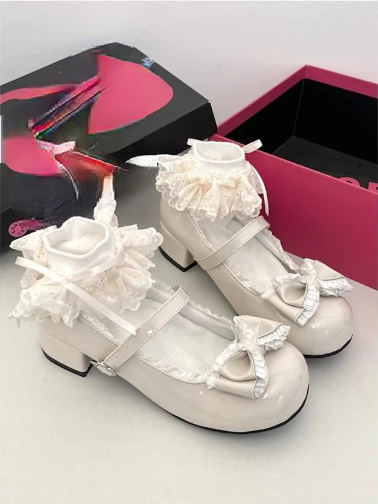 Soufree  -  Cute Sweet Bow Mary Jane Shoes Ladies Summer New Elegant Lolita Single Shoes Female Japanese Preppy Style Solid Fairy Shoes