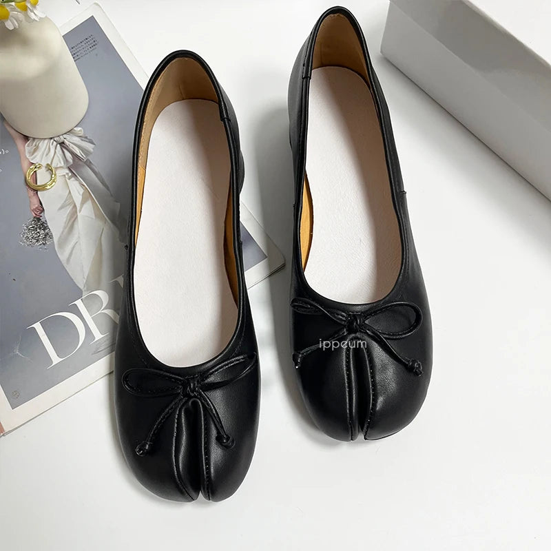 Soufree  -  Tabis Shoes Split Toe Ballet Flats Plus Size 43 Women Mary Janes Low Heel Black Leather Ballerinas Zapatos Mujer