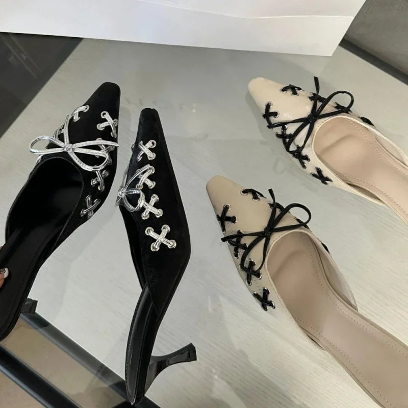 Soufree  -  Sexy Sling Bow Design Pointed Toe High-heeled Sandals for Women Elegant Low Heel Slippers Fashion Party Dress Pumps High Heels