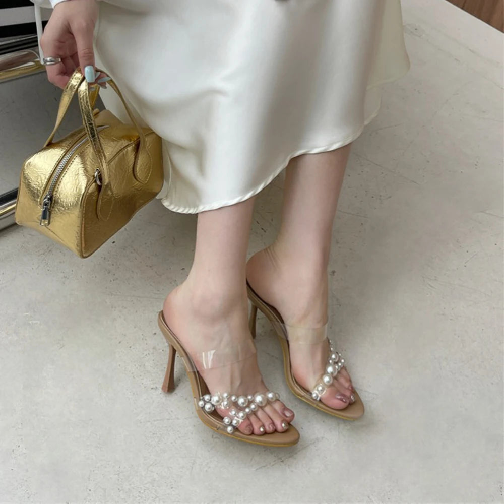 Soufree  -  Sexy PVC Transparent Slippers For Women Fashion String Bead Summer Sandals Round head Clear High Heels Party Prom Shoes