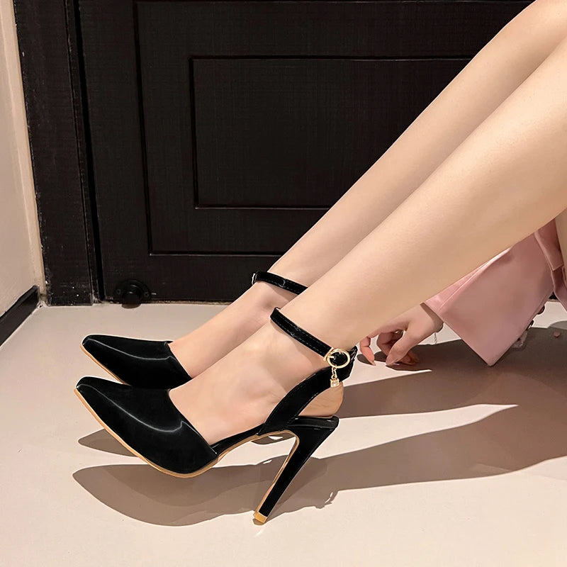 Soufree  -  Summer Pu Leather Women's Ankle Strap Buckle Stiletto Pumps Slingback Pointed Toe Sexy High Heels Sandals Shoes Large Size 33-50