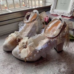 Soufree  -  Girl's Heart Handmade Sweet Flower Wedding High Heels White Gold Female Lolita High Heels Thick Heels Lo Shoes Stage Performance