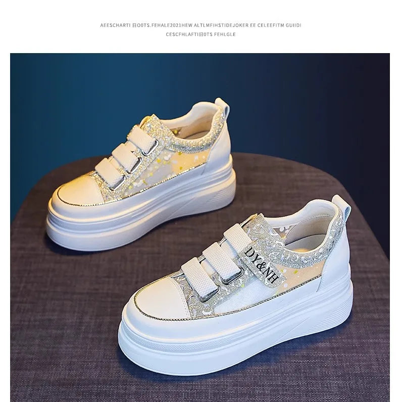 Soufree  -  Breathable Thick-soled White Shoes Inner Height-increasing Mesh Platform Summer Women's Shoes Student Flat Casual Sneakers