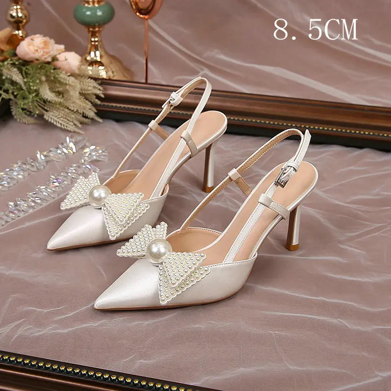 Soufree  - French Wedding Shoes Women New White Bridesmaid Shoes Bow High Heels Elegance Sandals