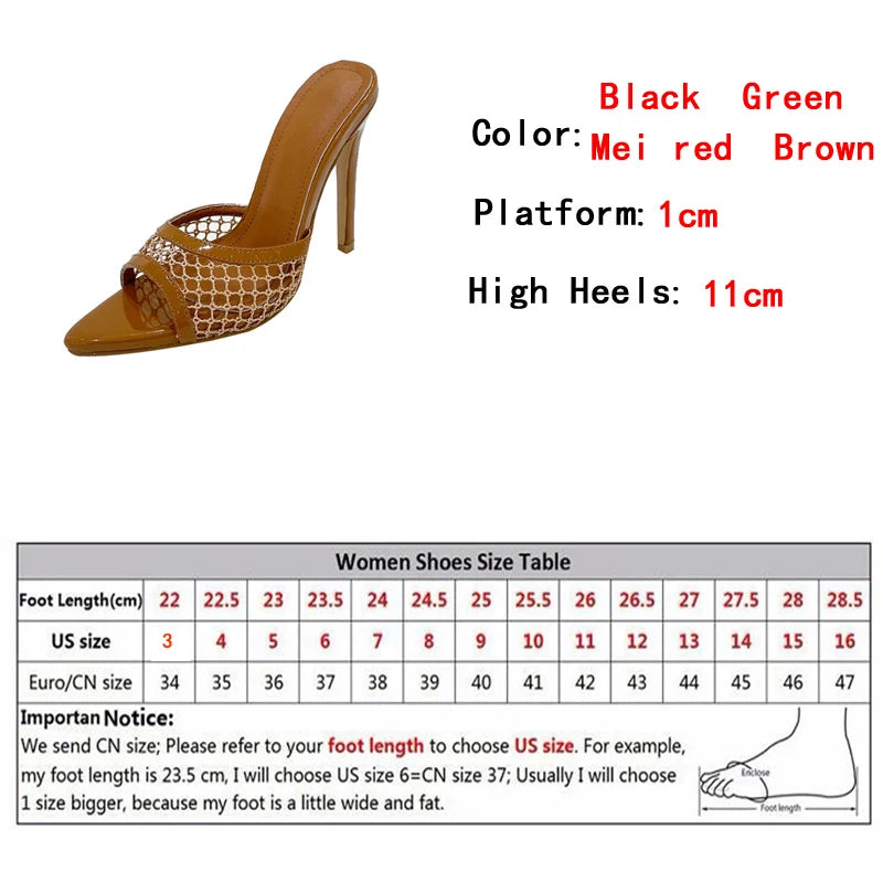 Soufree  -  New Sexy Pointed Toe Thin High Heels Pumps Green Mesh Slippers Summer Fashion Slip On Slides Women Mules Party Shoes Sandals