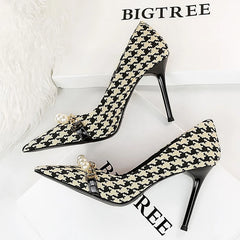 Soufree  -  Shoes Checked Grain Women Pumps Quality High Heels Pearl Chain Design Women Heels Stilettos Luxury Banquet Shoes