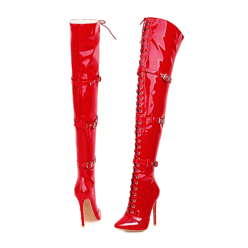 Soufree  - Women Sexy Cross Tied Thigh High Boots Pointed Toe Thin High Heels Over The Knee Boots Patent Leather Shoes Woman 33-46