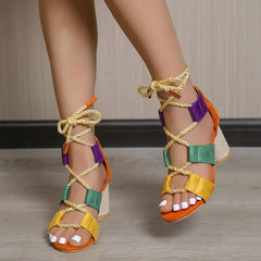 Soufree  - New Trend Summer Chunky Shoes Fashion Women High Heels Sandals Designer Weave Ankle Lace Slides Sexy Open Toe Female Pumps