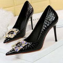 Soufree  -  Shoes Women Heels Metal Water Drill Buckle Woman Pumps Textured Patent Leather High Heels Stilettos Sexy Party Shoes