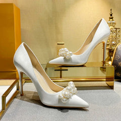 Soufree  - New Satin Wedding Bridesmaid Shoes Champagne High Heels Pearl French Girl Dress Pumps