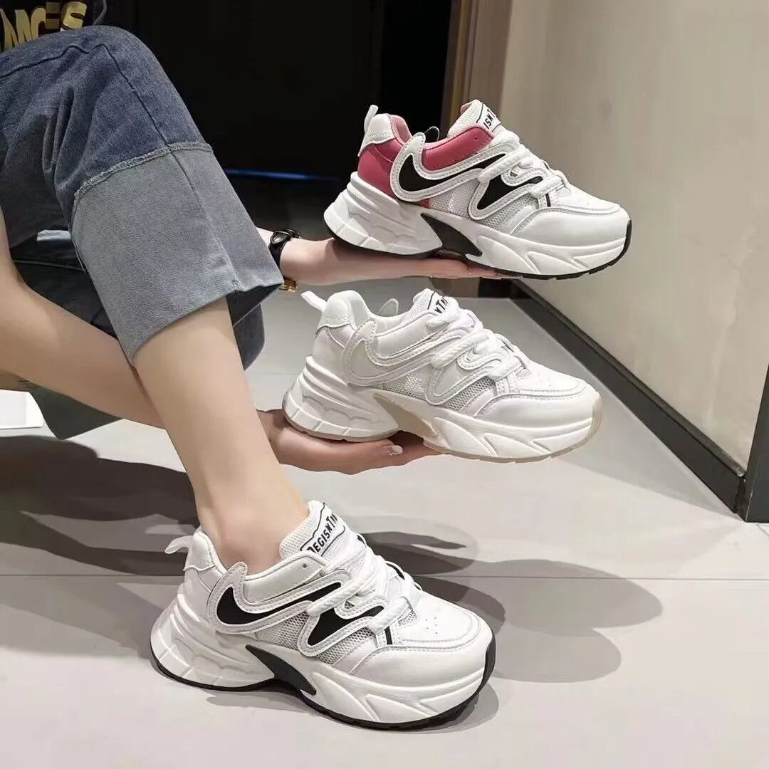 Soufree  -  Fashion Women Chunky Sneakers Mesh Flats Lace Up Mid Heels Round Toe Women Shoes Breathable Platform Vulcanize Shoes Plus Size