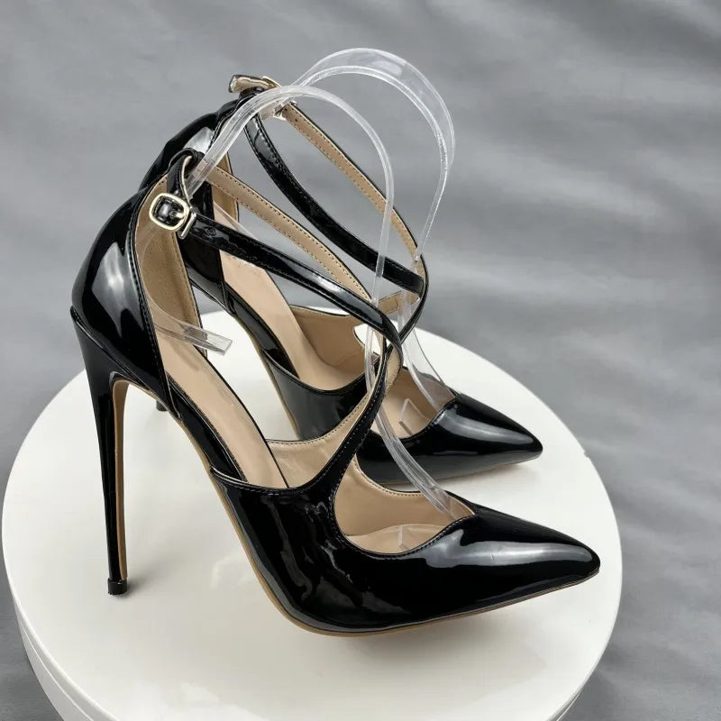 Soufree  -  Glossy Black Cross Strap Women Pointy Toe High Heel Shoes Front V Cut Stiletto Pumps for Party Colors Customize