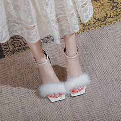 Soufree  -  New Summer One line Buckle Strap Mink Hair Square Head Net Red Sexy Hollow out Fairy Hair High Heel Sandals Girl