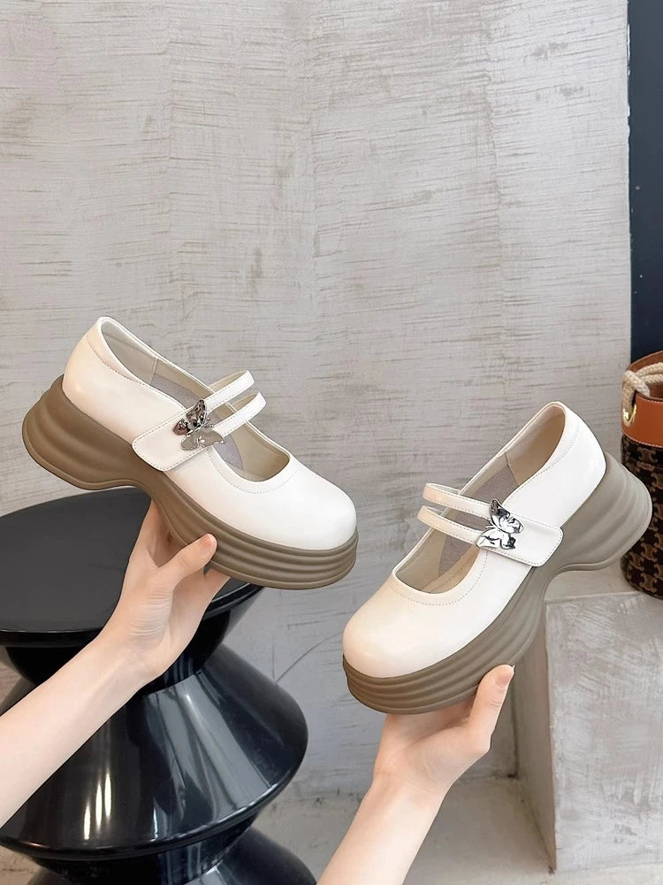 Soufree  -  Fashion Mary Janes Female Buckle Strap Square Mid Heels Leather Oxford Shoes for Women Butterfly-knot Summer Pumps Plus Size